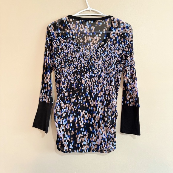 Mexx Mesh Black Blue & Lilac Pattern 3/4 Sleeve Ruched Button Up Blouse - Picture 10 of 14